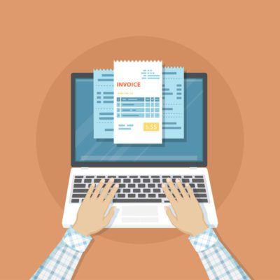 Online payment service. Invoice form on the laptop screen. Human hands on the keyboard. Internet banking concept. Online paying, bookkeeping, accounting. 