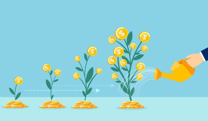 Business growth concept. Vector of a business man hand with pot watering profitable money tree