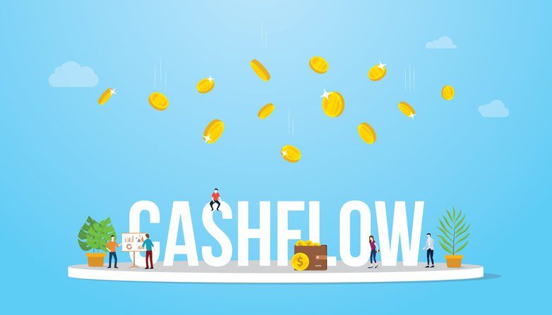 cashflow business concept with money fall or falling from above with team peopl