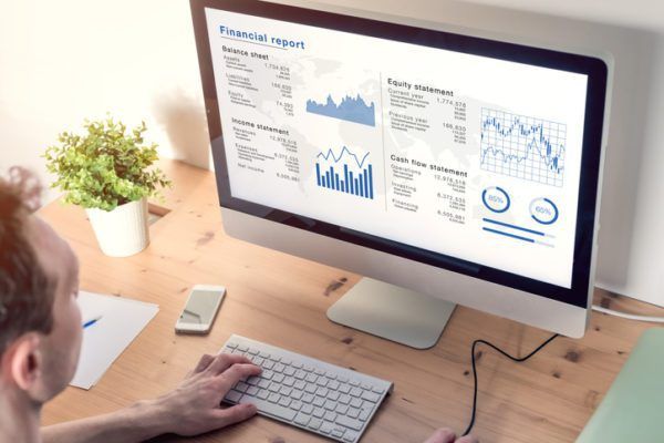 Person analyzing financial reports on a computer monitor.