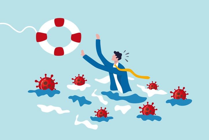 Coronavirus crisis help policy, business insurance or government stimulus to aid small business and entrepreneur to survive in COVID-19 outbreak, businessman try to hold life buoy with virus around.