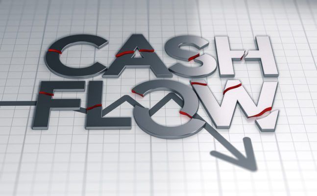 3D illustration of the text cash flow over a crisis chart. The words are broken.