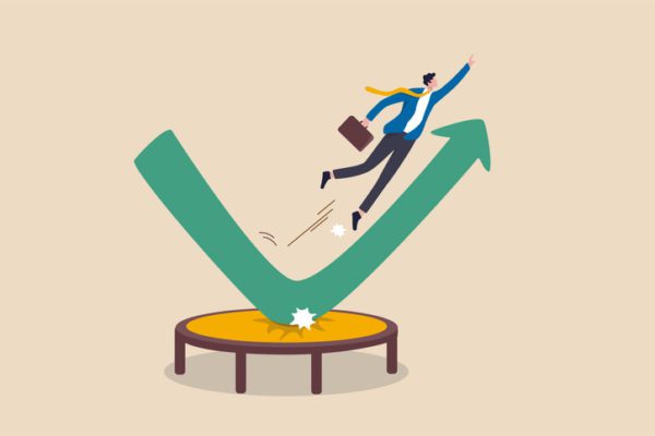 Illustration of a person being propelled upwards by a trampoline, symbolizing a bounce back or sudden increase in performance.