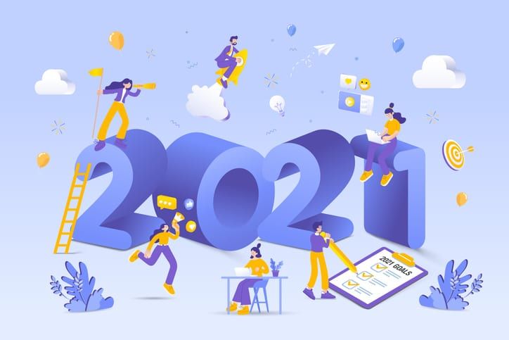 2021 business goals concept illustration. Marketers doing social media marketing, seeking new opportunities, flying on rocket and checking resolutions list for new year
