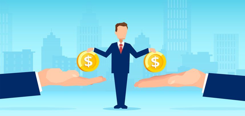 Vector of a small business man owner paying money to big creditors