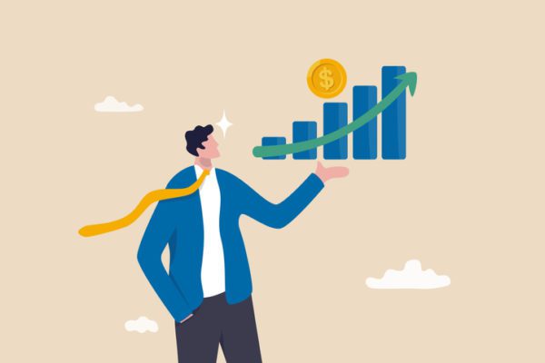 Illustration of a businessman admiring a rising financial graph symbolizing growth or success.