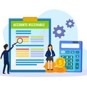 Illustration of two people with a large clipboard showing "accounts receivable" charts, a magnifying glass, and a calculator, symbolizing financial analysis.