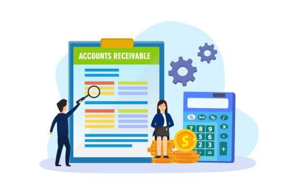 Illustration of two people analyzing an accounts receivable chart next to a large calculator and stacks of coins, representing financial management and accounting concepts. Sell accounts receivable.