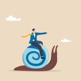 A businessman riding a large snail, symbolizing slow progress.