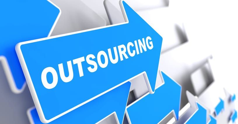 Blue and white arrows that say outsourcing
