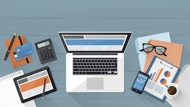 Business, technology and freelancing concept, office desktop with laptop, tablet and files, top view
