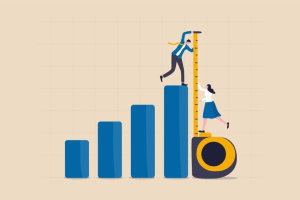 Graphic illustration of two individuals with a bar graph and a measuring tape, symbolizing growth and measurement of success.