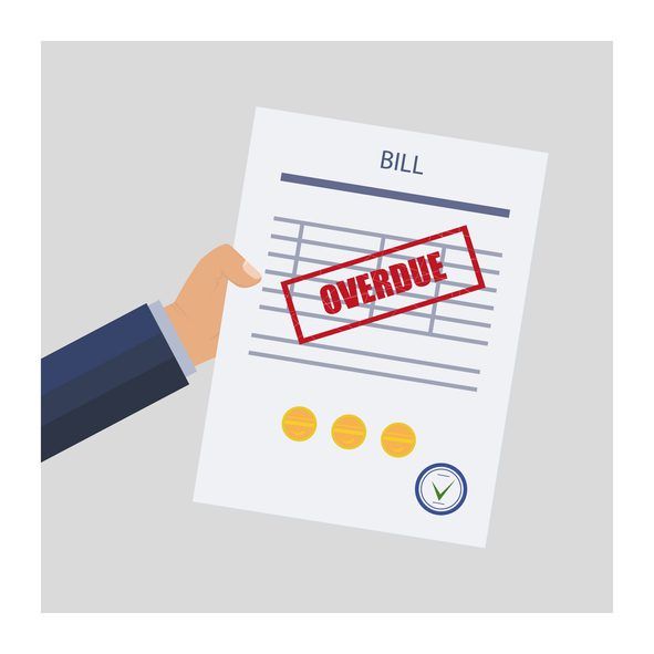 Overdue, unpaid or past due bill. A businessman's hand holds an expense document with a deferred payment. Debt or past purchase notice. Financial data and red stamp.
