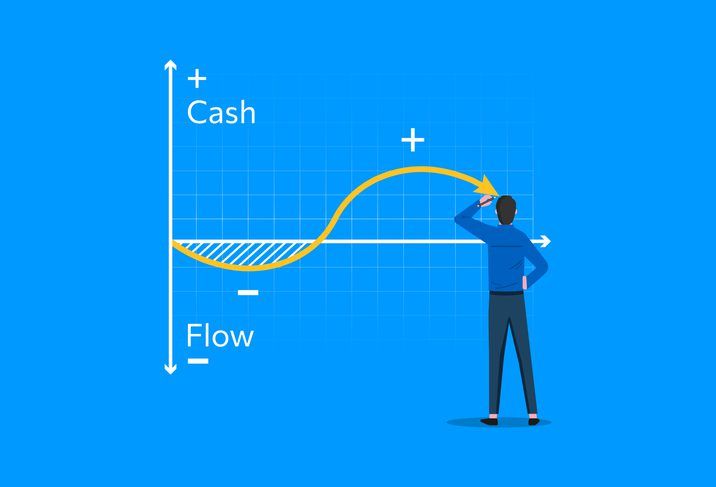 A man analyzing the impact of poor cash flow management on a chart with an upward trajectory on a blue background.