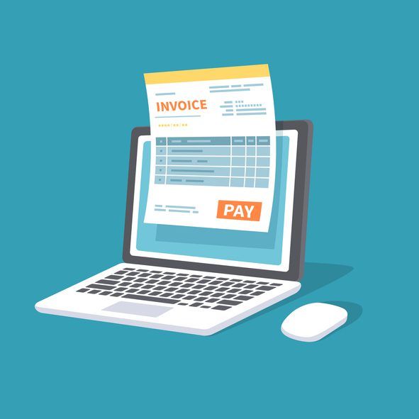 A graphic illustration of an invoice payment process, showing a stylized laptop with an invoice document popping out and a "pay" button on the screen.