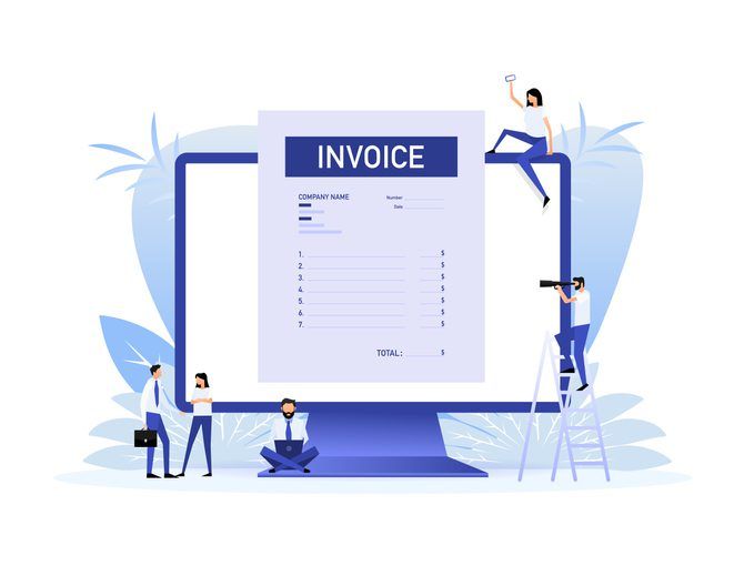 Flat blue invoice illustration. Vector flat illustration. Payment check isometric 3d. Online tax payment.