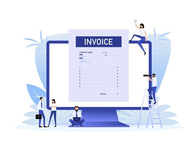 Illustration of a group of small cartoon people interacting with a large invoice document, symbolizing why invoice numbers are important in business and financial activities related to billing and accounting.