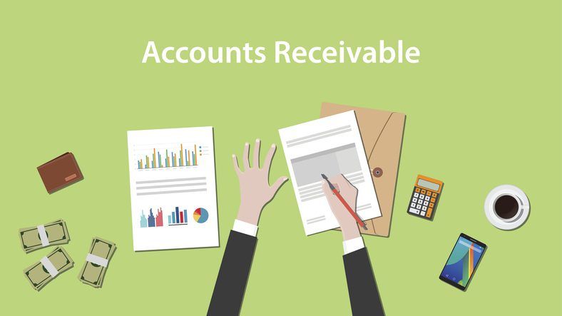 Accounts receivable illustration with a man writing on paperwork with money, calculator and folder document on top of table vector