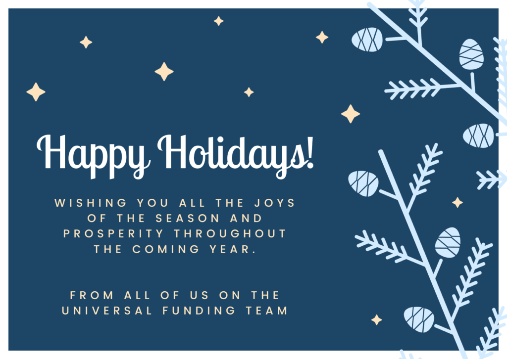 The image displays a holiday greeting card with a navy blue background adorned with white and gray botanical elements and geometric shapes resembling snowflakes. At the top center, the card reads "Happy Holidays 202
