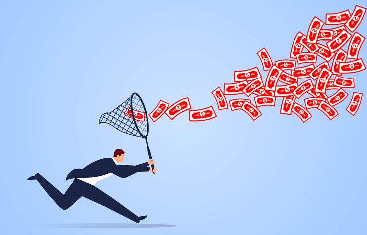 Businessman holding a net bag chasing banknotes in the air, business concept illustration