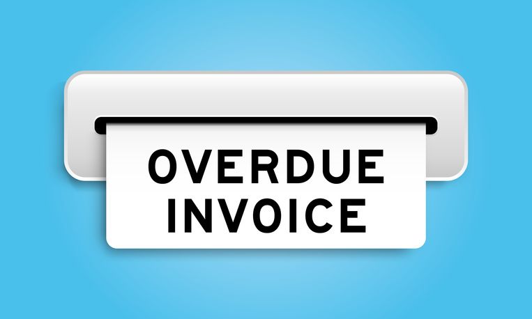 A graphic illustration of an overdue invoice notification, depicted as a white label with bold black text emerging from a slot against a blue background, urging to resolve open invoices.
