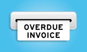 White coupon banner with word overdue invoice from machine on blue color background