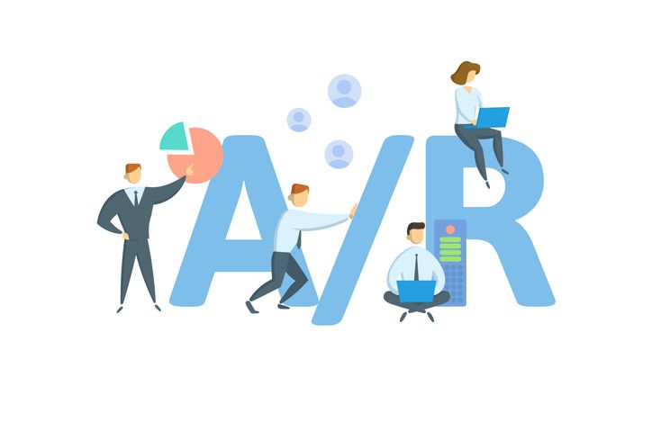 Illustration of professionals engaged with the letters 'a/b/r' symbolizing efficient accounts receivable tracking in a/b testing or split testing analytics, with a pie chart, graphs, and digital devices.