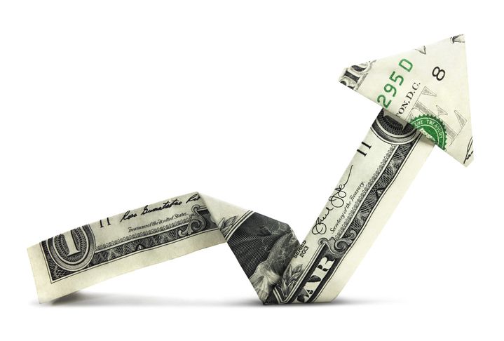 Optimize profits. Image of dollar pointing upwards.