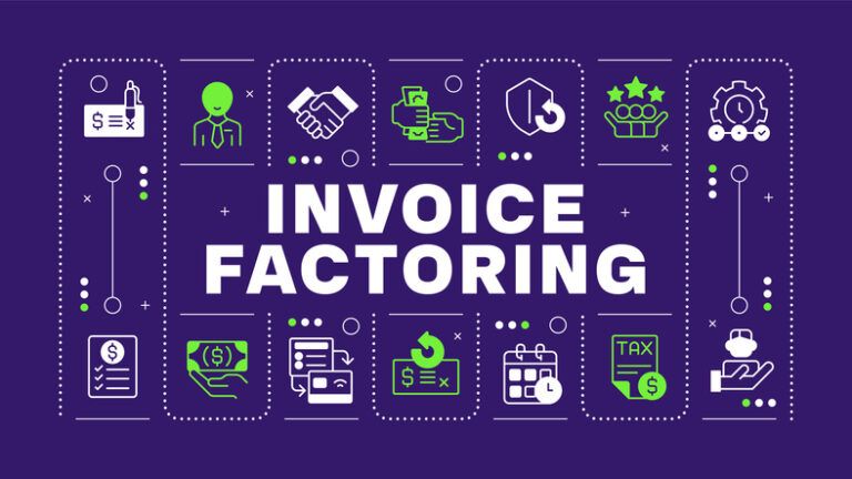 Invoice factoring purple word concept showing how invoice factoring supports businesses with limited credit and tax burdens.