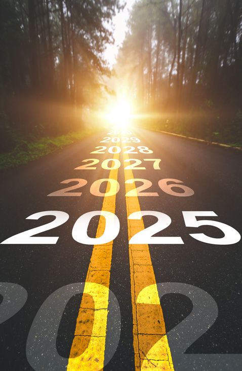 New year 2025 concept. Text 2025 written on the road in the middle of asphalt road with at sunset. Concept of future of B2B finance.