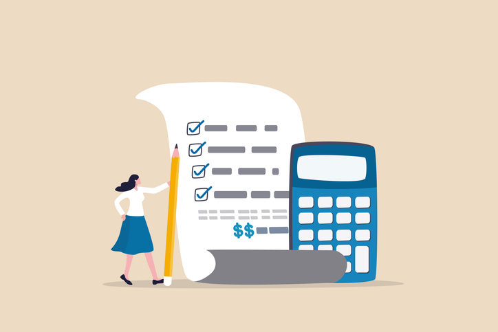 Businesswoman with calculator and checklist to factor accounts receivable.