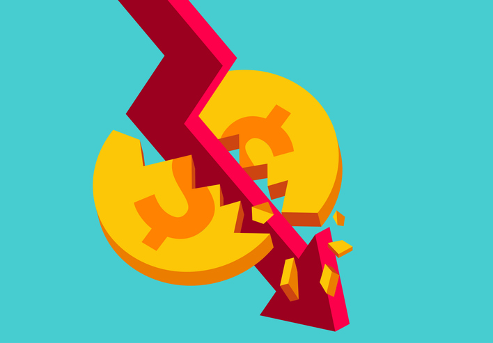 Red falling arrow tearing dollar coin, financial market crisis and cash flow crunch concept.