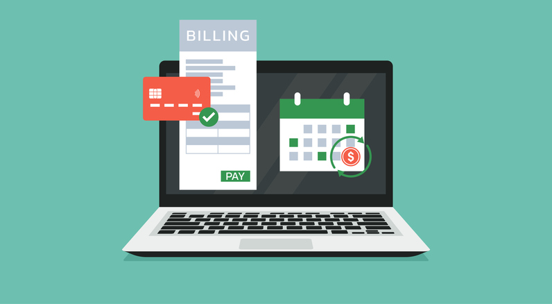 Billing on Laptop, Automate Recurring Payments for Business Success, Encourage Early Payment from Clients. Vector Flat Illustration