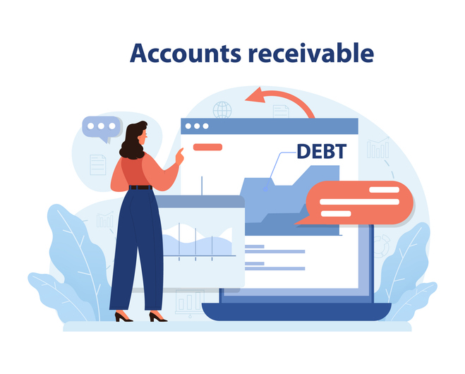 Monitoring accounts receivable operations. Woman reviews digital dashboard with graphs, invoices, and debt notification to overcome challenges in accounts receivable management.