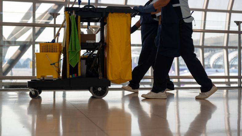 cleaner staff pushing trolley with cleaning materials. Staffing firm gets funding.