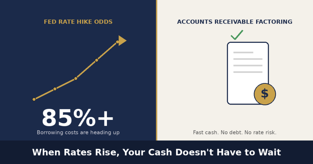 Split graphic comparing rising Fed rate hike odds above 85% on the left with accounts receivable factoring as a fast, debt-free funding alternative on the right, titled 'When Rates Rise, Your Cash Doesn't Have to Wait.'
